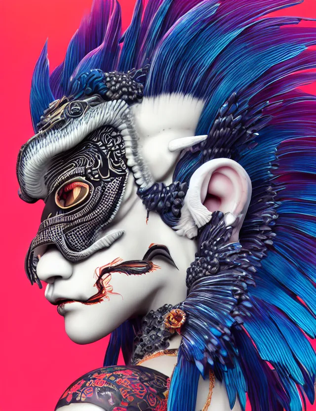 Image similar to 3 d goddess close - up profile portrait punk with mohawk with ram skull. beautiful intricately detailed japanese crow kitsune mask and clasical japanese kimono. betta fish, jellyfish phoenix, bio luminescent, plasma, ice, water, wind, creature, artwork by tooth wu and wlop and beeple and greg rutkowski