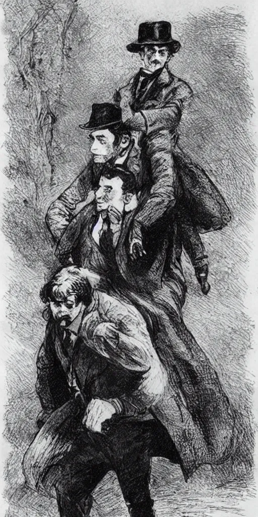 Image similar to Sherlock Holmes carrying Dr Watson on his back in the style of Sidney Paget