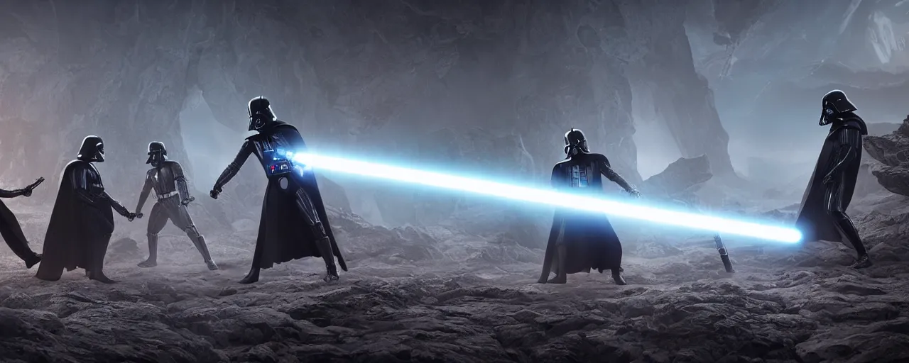 Image similar to darth vader and obi wan kenobi fighting with lightsaber on alien landscape, 8 k uhd, unreal engine, octane render in the artstyle of finnian macmanus, john park and greg rutkowski