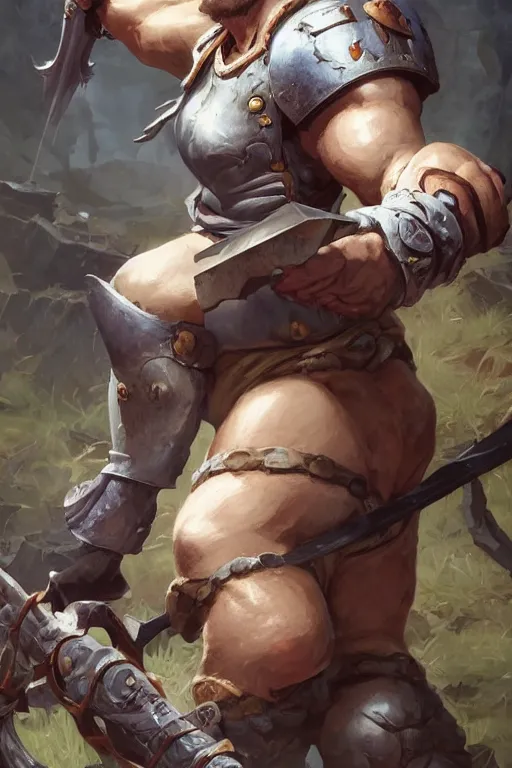 Image similar to portrait of the spring halfling brute wearing stormcraddle (halberd) by artgerm and Craig Mullins, James Jean, Andrey Ryabovichev, Mark Simonetti and Peter Morbacher 16k
