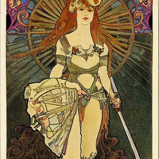 Image similar to woman in full plate armour, lance, flowing hair, painted by alphonse mucha