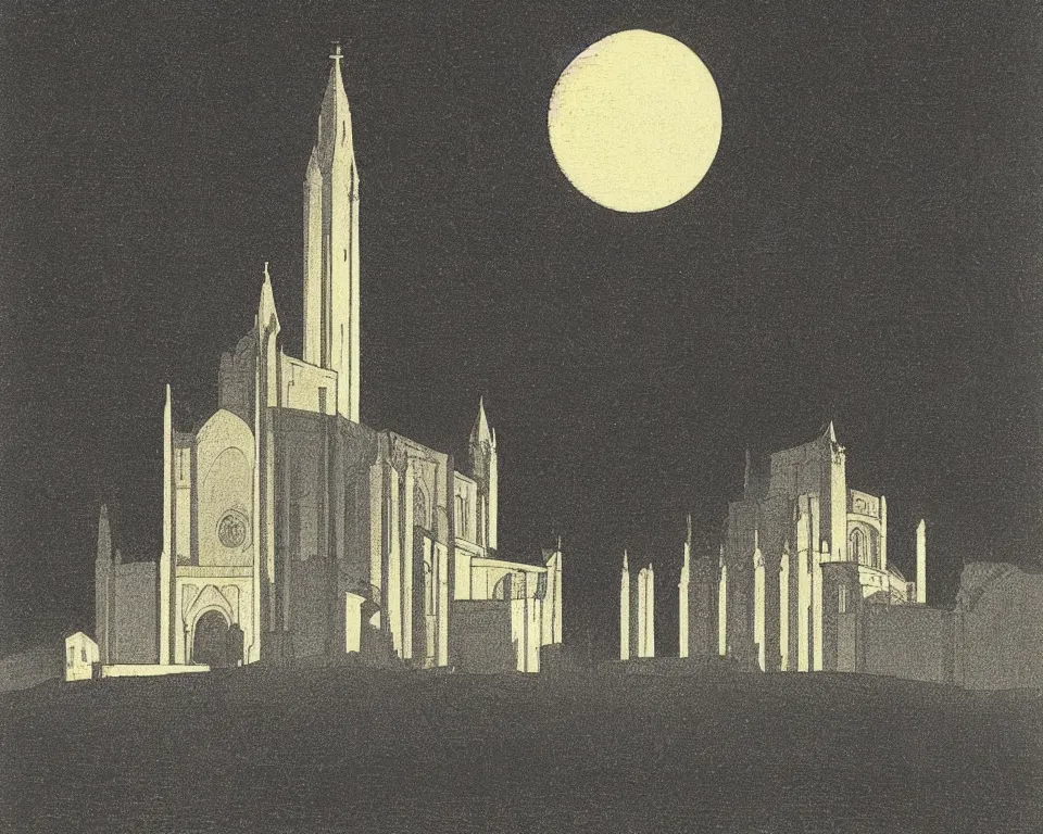 Image similar to achingly beautiful print of the St. Peters bathed in moonlight by Hasui Kawase and Lyonel Feininger.