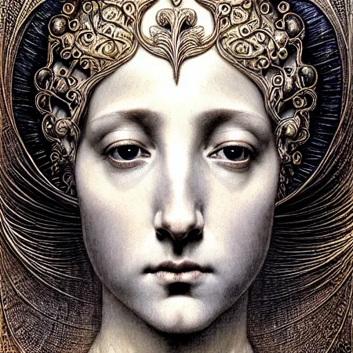 Prompt: detailed realistic beautiful young medieval queen face portrait by jean delville, gustave dore, iris van herpen and marco mazzoni, art forms of nature by ernst haeckel, art nouveau, symbolist, visionary, gothic, pre - raphaelite, fractal lace, surrealityhorizontal symmetry