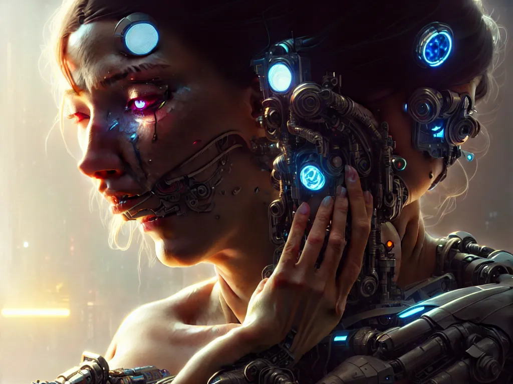 Image similar to ultra realistic, cyborg woman crying, broken, cyberpunk, sci-fi, fantasy, intricate details, elegant, highly detailed, photorealistic, octane render, 8k, HD, art by artgerm and greg rutkowski and alphonse mucha