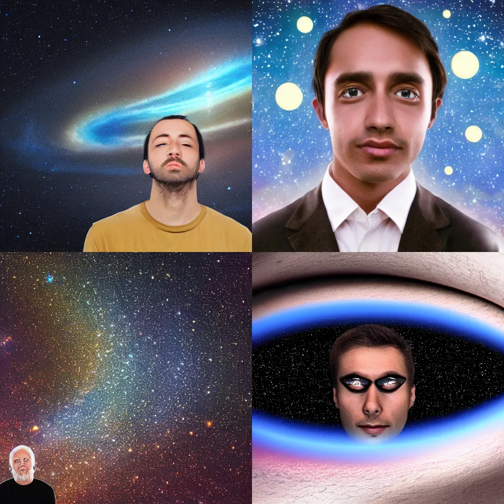 Prompt: picture of man with stars coming out of his eyes black hole singularity night