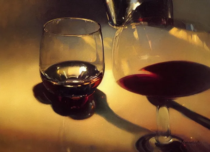 Prompt: oil painting of glass of wine, translucent grapes closeup, reflections, glass refraction, art by anders zorn, wonderful masterpiece by greg rutkowski, beautiful cinematic light, american romanticism by greg manchess, reflections in copper, sunlight, dust and steam