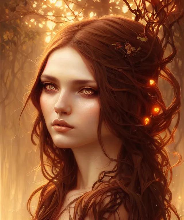 Image similar to Forest nymph woman portrait, amber eyes, face, long hair, fantasy, intricate, elegant, highly detailed, digital painting, artstation, concept art, smooth, sharp focus, illustration, art by artgerm and greg rutkowski and alphonse mucha