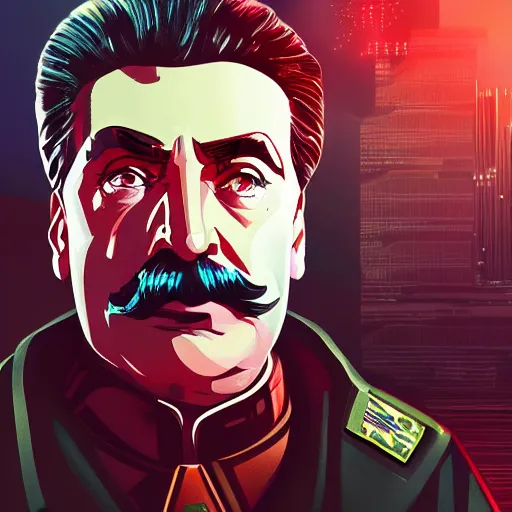 Image similar to cyberpunk joseph stalin as the leader of a futuristic communist society, cybernetics, sharp lines, digital, artstation, colored in