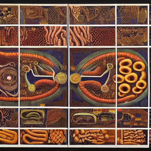 Image similar to constructivist by mati klarwein, by alex maleev, by malcolm teasdale tender. a land art of the human intestine in all its glory. each section of the intestine is labelled, & various items & creatures can be seen inside, such as bacteria, food particles, & even a little mouse.