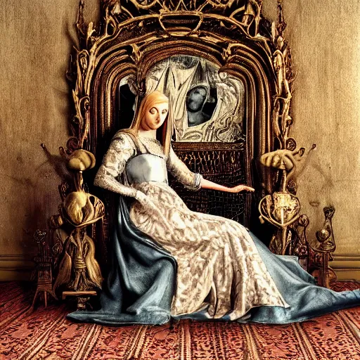 Prompt: Queen of Tartaria seated for a portrait on an ornate old world seat, dynamic lighting, intricate, elegant, highly detailed, digital painting, artstation, HR GIGER, Hieronymus Bosch, Francis Bacon, concept art, smooth, very beautiful, sharp focus, illustration, photorealism, deviantart, artstation, Oled 8k, tilt shift, haze, hazy, smoke, smoky, fire, embers, firelight, noisy, oversharpened, paint flecks, rusty chain fencing, ash, falling, skin, dark, too sharp, unclear, underexposed, unreal engine