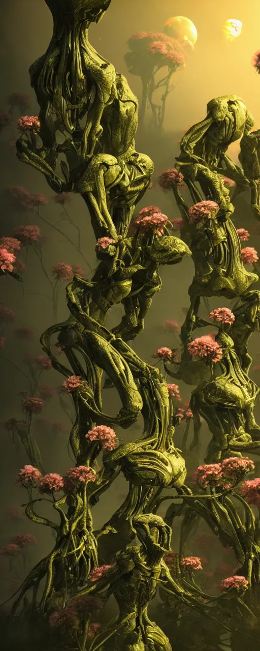 Image similar to visceral exoskeletal formations surrounding of aliens flowers and plants, mythical ancient life, concept art, dramatic contrast photorealistic lighting, surreal, hyper detailed, cycles 3 d render, 8 k