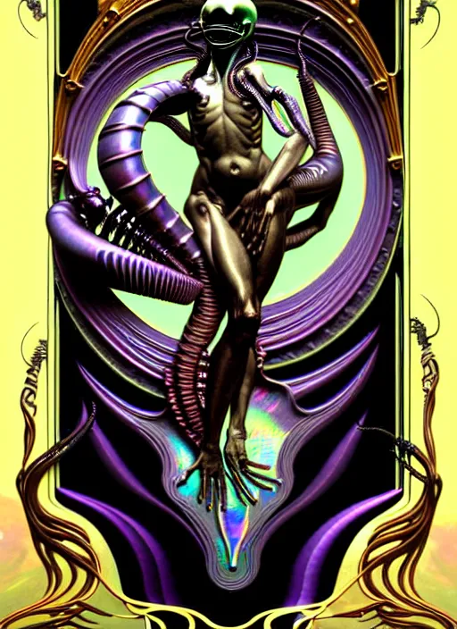 Prompt: xenomorph, rococo and art nouveau fusion, iridescent diaphanous refractive and reflective alien symbols, tarot card, highly detailed, deep focus, elegant, digital painting, smooth, sharp focus, illustration, ultra realistic, 8 k, art by artgerm and alphonse mucha