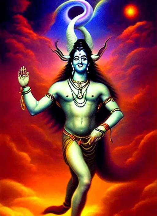 Prompt: lord shiva dancing his magical thunderous dreams of infinity, hyper realism volumetric lighting artist boris vallejo