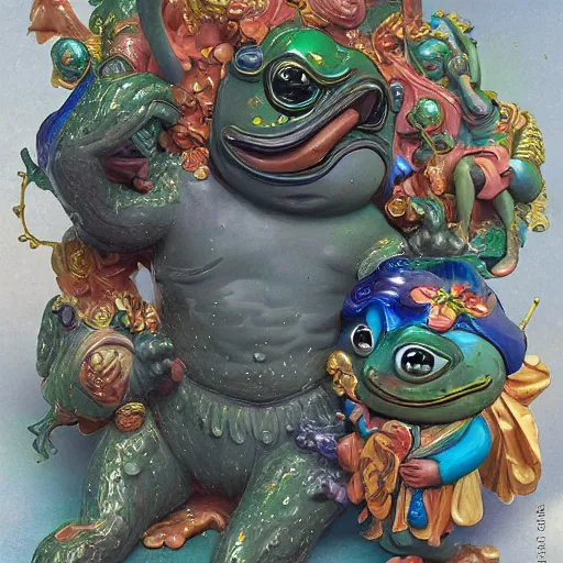 Image similar to plasticine wet shiny angels, crystal, moonlit, mirrors, camera angled dramatically, realistic, a hyperdetailed design of pepe the frog, wearing blue shirt, ferocious, chinese mythology, victo nga, fumo yoshitoshi, ren jing jeong, feifei ruan, peter mohrbacher, takato yamamoto