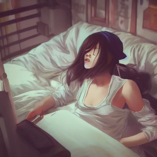 Image similar to lofi hiphop girl lying in bed studying listening to music by Wenqing Yan, WLOP, Zumidraws, OlchaS Logan cure liang Xing