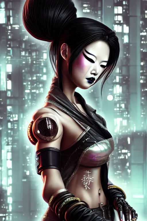 Prompt: soft lustrous ebony asian geisha goddess yakuza biotech raver gothic cyborg, cyberpunk city, urban decay, decay, underworld, dark art, highly detailed, digital painting, octane render, artstation, concept art, smooth, sharp focus, illustration, art by artgerm, loish, wlop