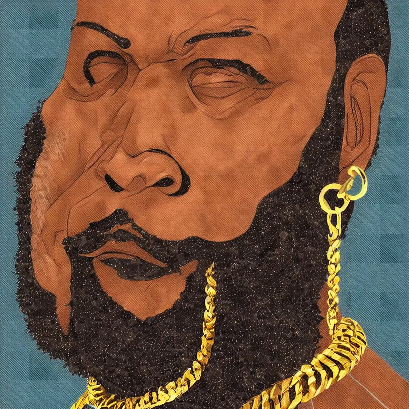 Image similar to mr. t, feather earrings, gold chains, stylized digital art