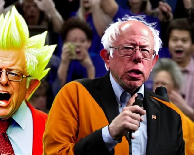 Prompt: Super Saiyan Senator Bernie Sanders Son Goku screams during philibuster speech (AP Photo)