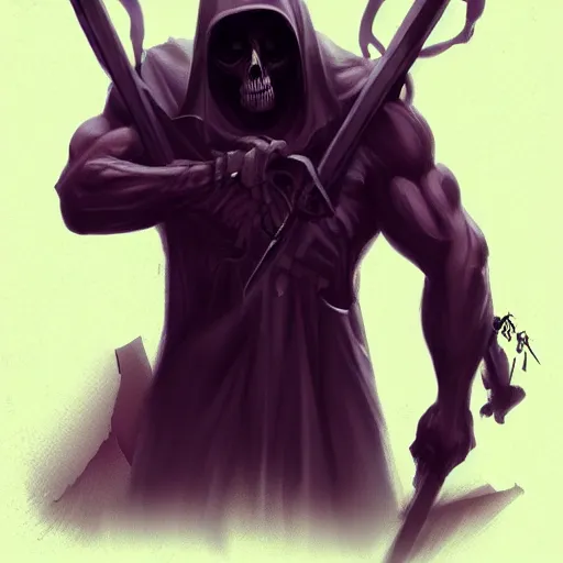 Prompt: Grim Reaper, creepy, muscled, horror, artstation