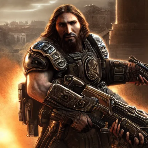 Image similar to Portrait of Jesus Christ in Gears of War, splash art, movie still, cinematic lighting, dramatic, octane render, long lens, shallow depth of field, bokeh, anamorphic lens flare, 8k, hyper detailed, 35mm film grain