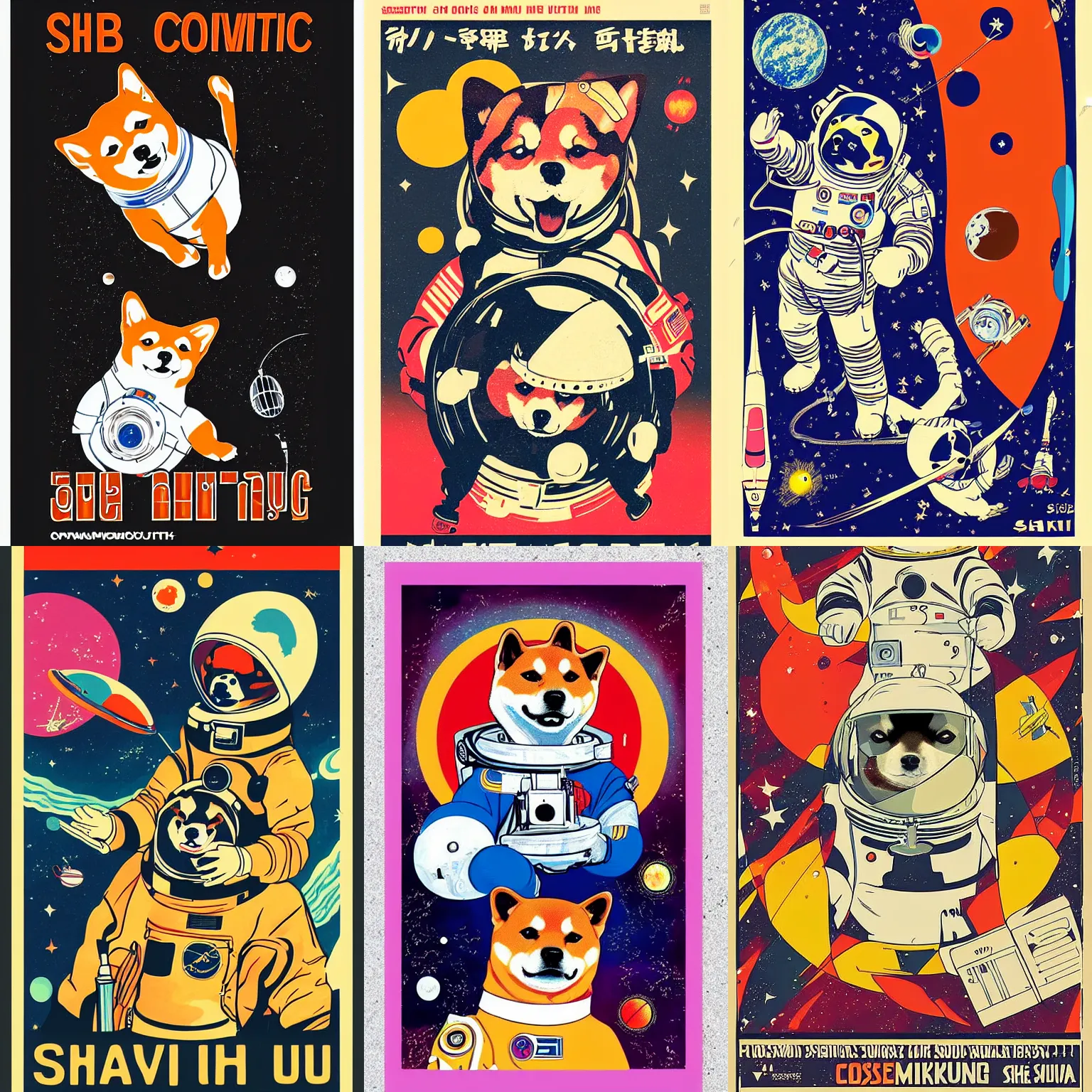 Prompt: Shiba Inu cosmonaut, sputnik , 60s poster, in the style of a music poster 1969