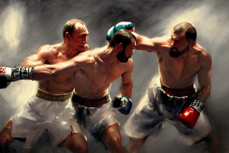 Prompt: jesus christ boxing vs vladimir putin, fist fight, detailed faces, putin face, in battle by anders zorn, wonderful, masterpiece by greg rutkowski, beautiful cinematic light, by greg manchess, jessica rossier