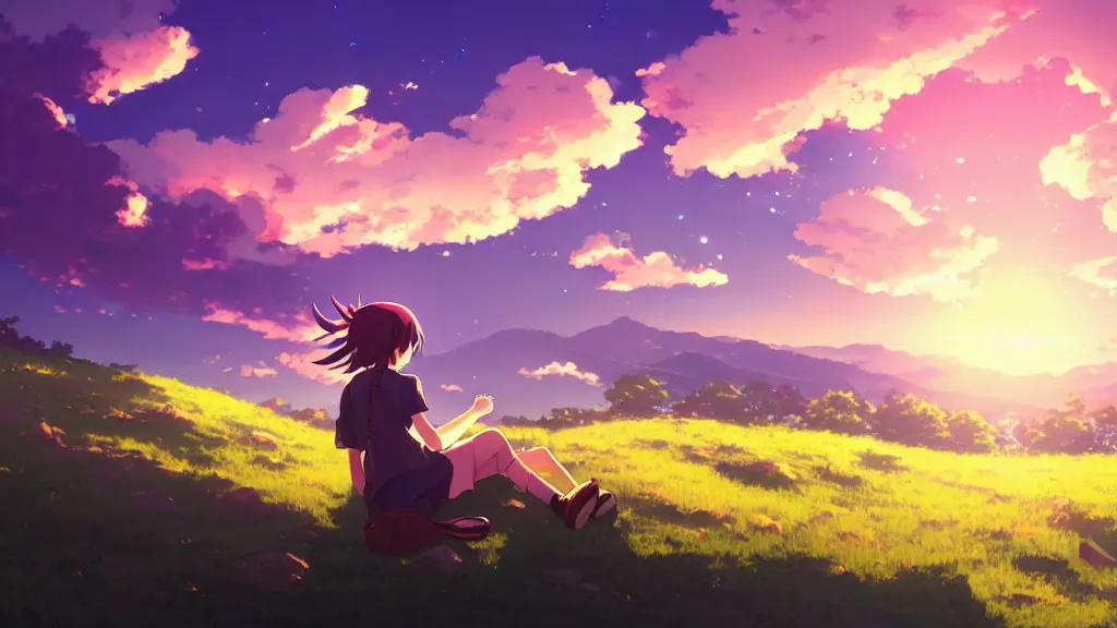 Image similar to a schoolgirl girl sat on the hillside and looked sky, dusk sky, beautiful sunset glow, large clouds, rich vivid colors, ambient lighting, dynamic lighting, official media, anime key visual, detailed, artwork by makoto shinkai, rossdraws.