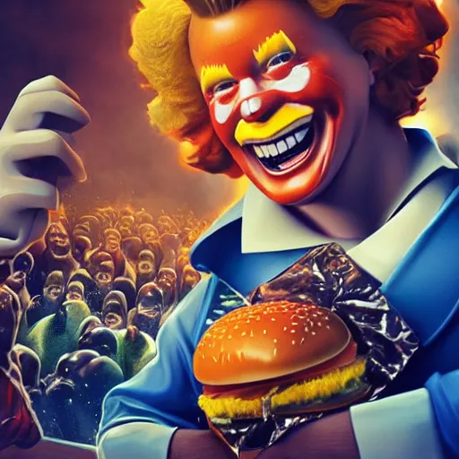 Prompt: Hyperrealistic ultradetailed digital art of Ronald McDonald and the Burger King fighting , realistic, detailed lighting, cinematic, trending on artstation and 500px and behance