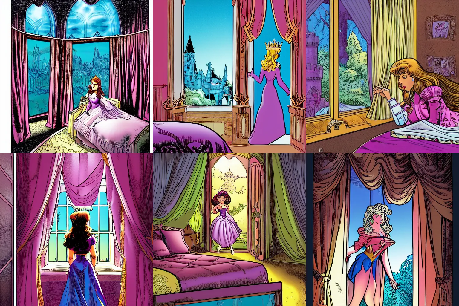 Prompt: a princess alone in her castle bedroom, looking out the window, by arthur adams, color by mobius