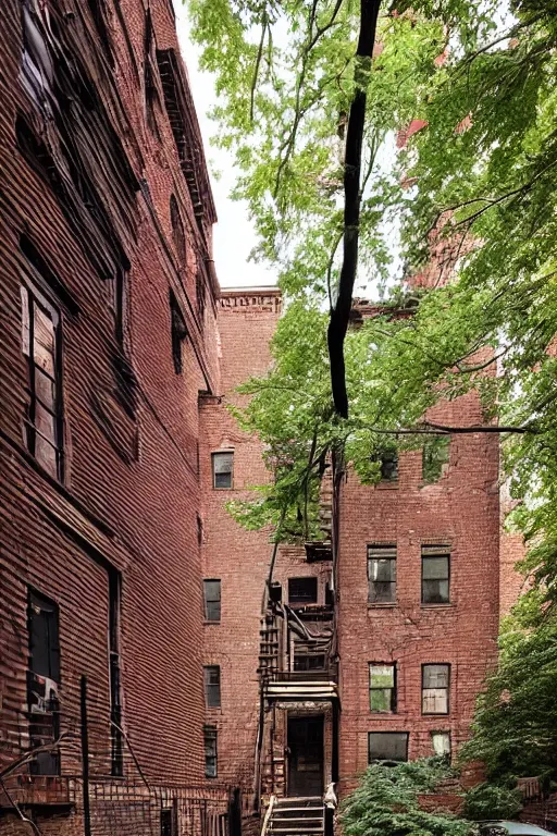 Prompt: (((((a ramshackle Manhattan brick brownstone deep in the forest))))) by Mark Makovey!!!!!!!!!!!!!!!!!!!!!!!!!!!