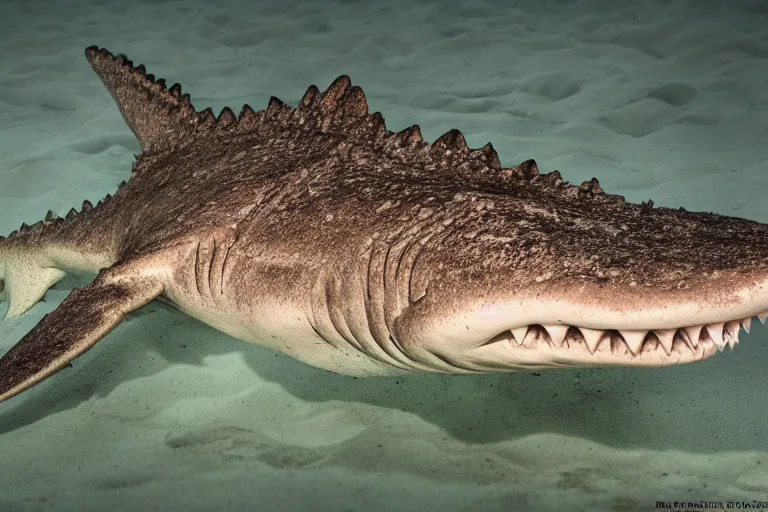 Image similar to a crocodile shark!!! hybrid! hyper realistic!! realistic lighting!! wildlife photographer of the year!!! bold natural colors, national geographic, hd, wide angle, 8 k