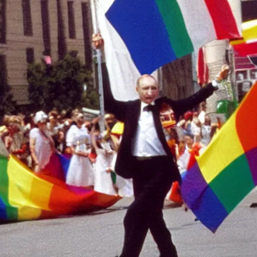 Image similar to putin dancing in a pride parade, film still, photography