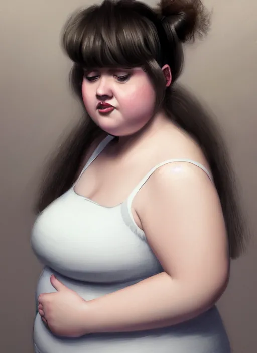 Image similar to full body portrait of teenage betty cooper, obese, bangs, ponytail, sultry, realistic, sultry smirk, ponytail hairstyle, fluffy bangs, curly bangs, skirt, fat, belly, intricate, elegant, highly detailed, digital painting, artstation, concept art, smooth, sharp focus, illustration, art by wlop, mars ravelo and greg rutkowski