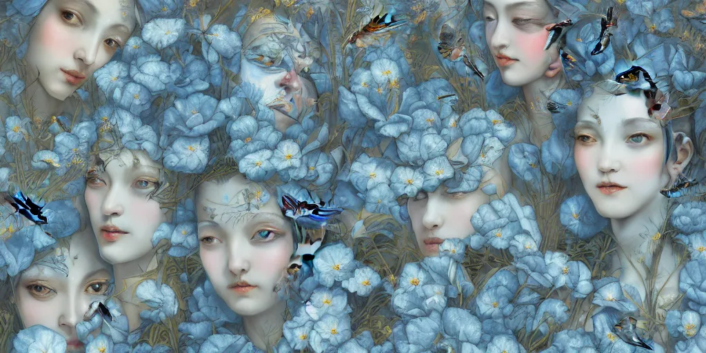 Image similar to breathtaking detailed concept art painting art deco pattern of faces goddesses amalmation light - blue flowers with anxious piercing eyes and blend of flowers and birds, by hsiao - ron cheng and john james audubon, bizarre compositions, exquisite detail, extremely moody lighting, 8 k