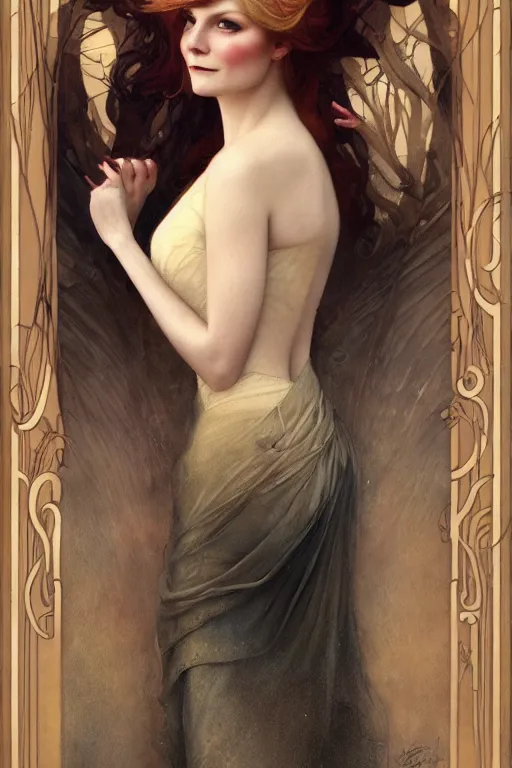 Image similar to Kirsten Dunst by Tom Bagshaw in the style of Gaston Bussière, art nouveau