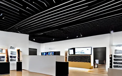 Prompt: A flagship Samsung store. black walls. timber floor. high ceilings with spots. wood furniture with large digital screen. display tables with phones and tablets, pots with plants, large digital screens on the walls, Architectural photography. 14mm. High Res 8K. award winning architectural design, Minimalist Maori Style, warm and happy, inviting