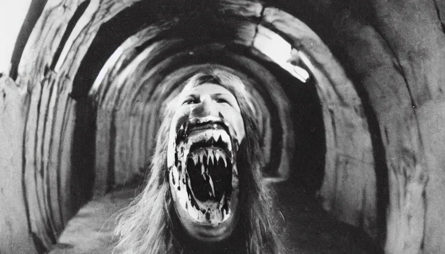 Image similar to 70s movie still close-up portrait of a man with a taxidermic bloody jaws and esoteric dress in a liminal space style tunnel, early black and white 8mm, heavy grain, high quality,