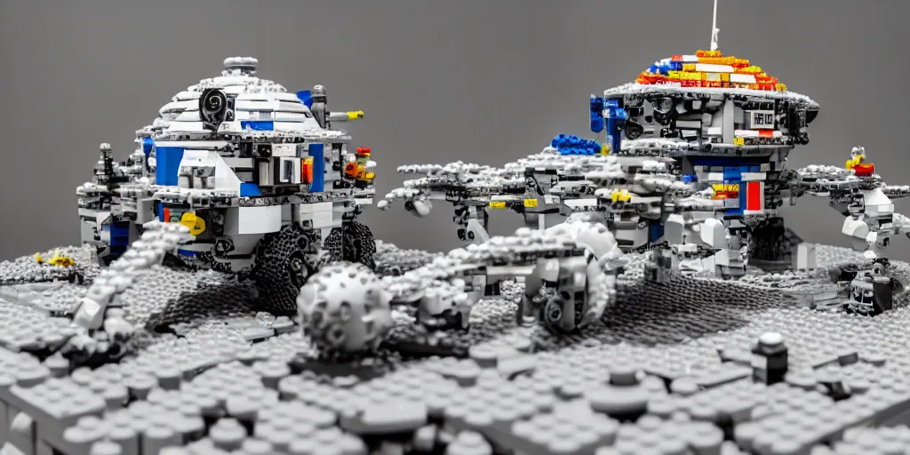 Image similar to wide shot lens photo of a very intricately detailed lego moonbase kit diorama designed by a master builder, with an epically shaped alien lego mothership ufo, lego rover, a moon buggy