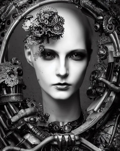 Image similar to black and white dreamy foggy smoky profile face portrait, one silver steampunk eye biomechanical beautiful young female cyclope - cyborg - robot bust, body ribs meshes,, volumetric light, hibiscus flowers, by hg giger, rim light, by dora maar and cecile beaton, big gothic fashion pearl embroidered collar, 8 k