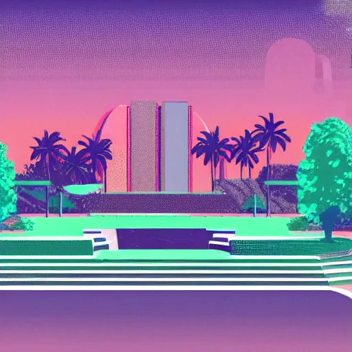 Image similar to art deco vaporwave illustration of a park with trees, benches, and a water feature, in a futuristic pastel city