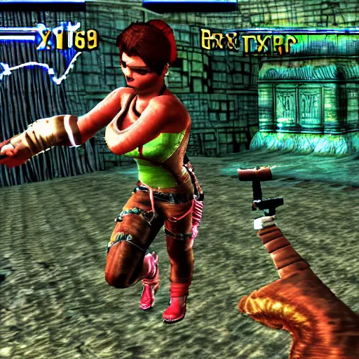 Prompt: trippy tomb raider x tekken screenshot psx retro shader, 1 9 9 9 videogame