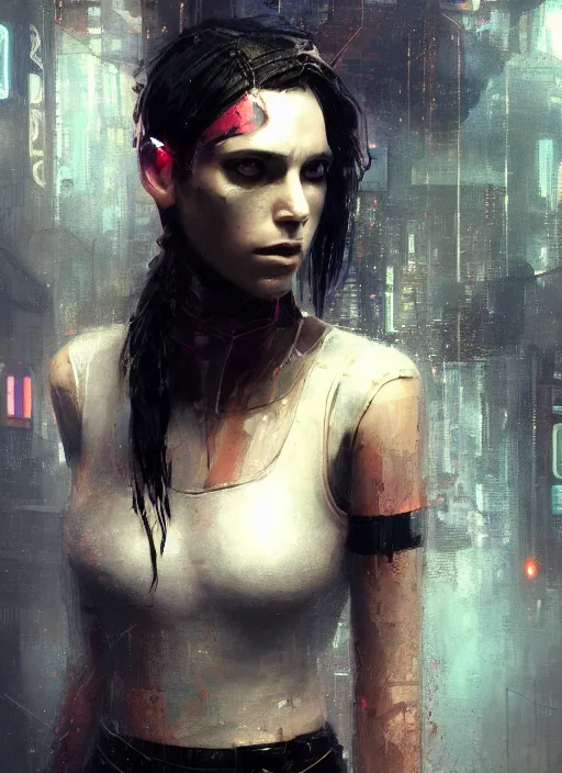 Image similar to female cyberpunk, beautiful face, rule of thirds, intricate outfit, spotlight, by greg rutkowski, by jeremy mann, digital painting