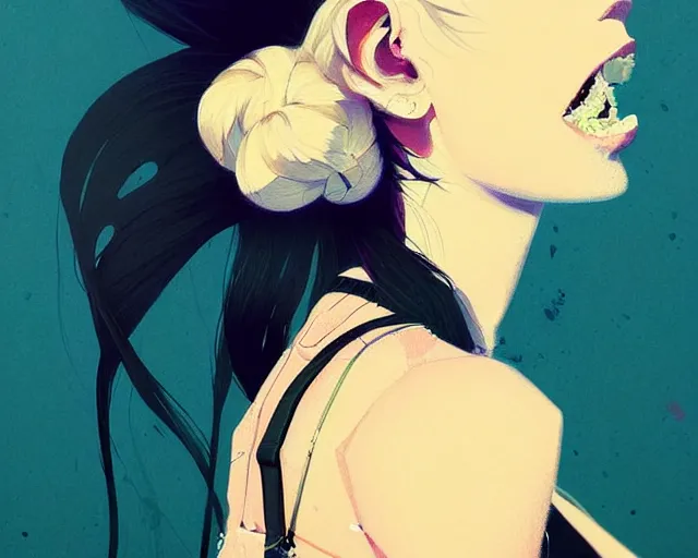 Prompt: a ultradetailed beautiful painting of a stylish woman, she is wearing a black tank top and jeans, her hair is in a pony tail, by conrad roset, greg rutkowski and makoto shinkai trending on artstation