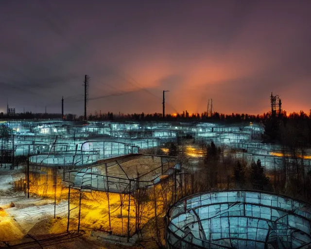 Image similar to national geographic color photo of the city of pripyat at night, long shutter