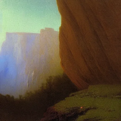 Image similar to black rainbow among cliffs, early morning, soft fog, Albert Bierstadt