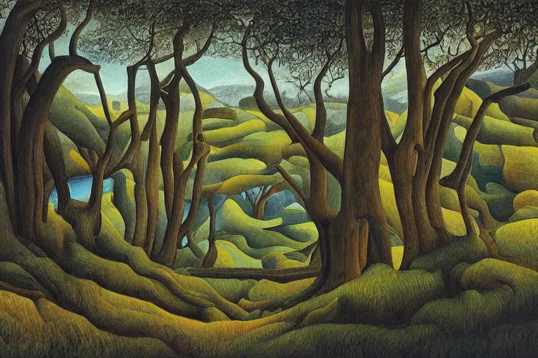 Image similar to masterpiece painting of oak trees on a hillside overlooking a creek, dramatic lighting, by diego rivera