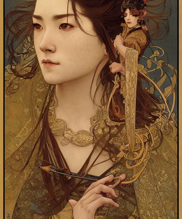 Image similar to realistic hyper detailed portrait of a samurai warrior by Alphonse Mucha and Charlie Bowater and art germ, rule of thirds, golden ratio, portrait style with the subject in the middle of the frame