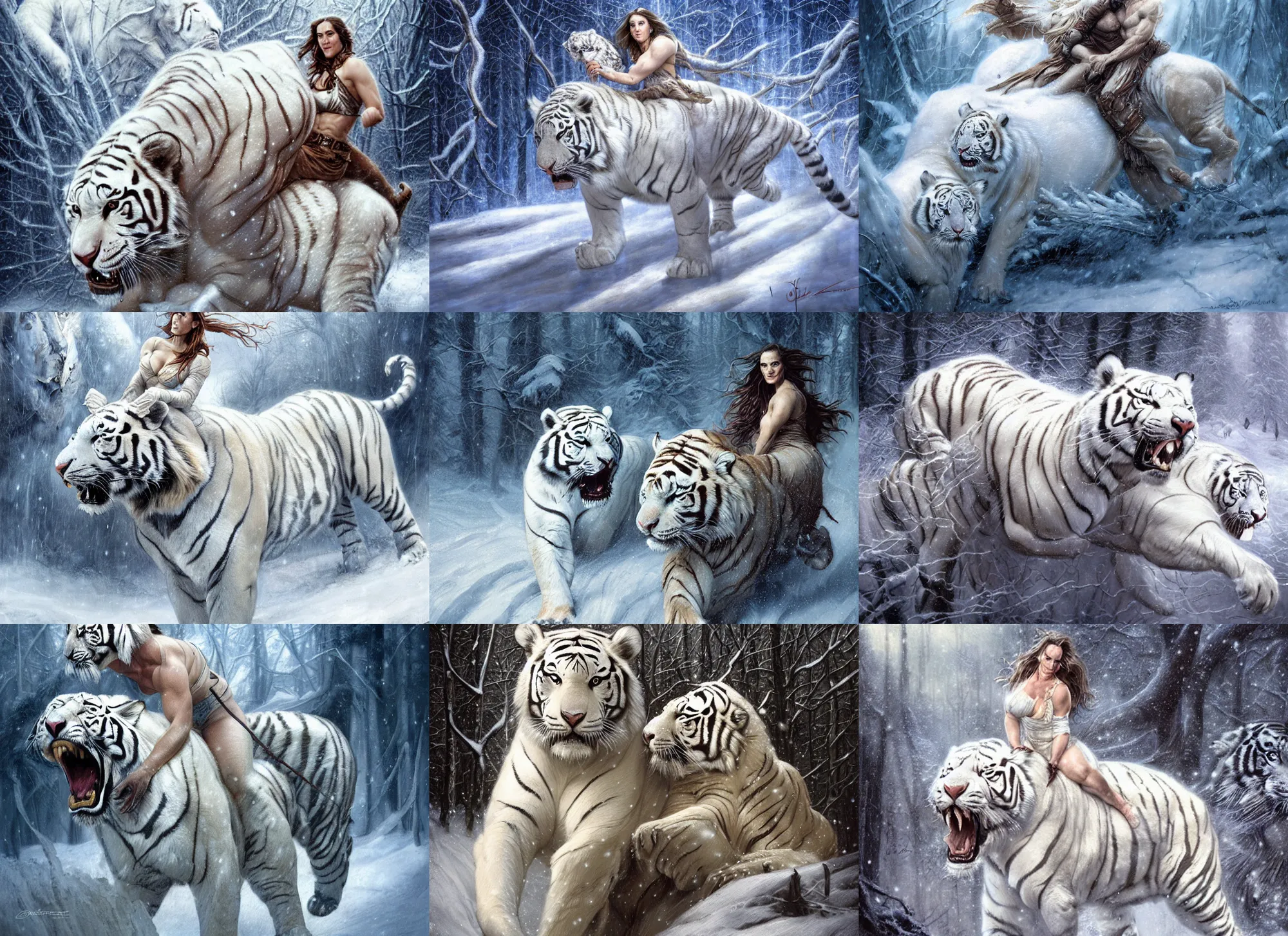 Image similar to portrait of muscled Jennifer Connelly riding a fierce large white tiger, wintery scene, snow storm, Donato Giancola, Mark Brooks, Ralph Horsley, Charlie Bowater, Artgerm, Christopher Balaskas, Bastien Lecouffe-Deharme