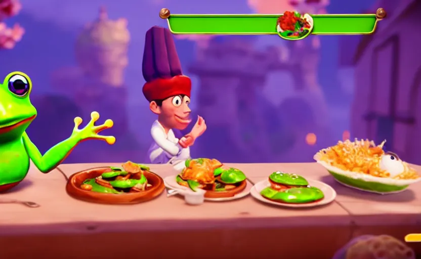 Image similar to ps 4 game about a cute frog chef in italy, unity screenshot,