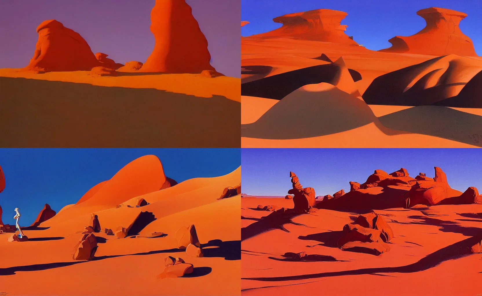 Prompt: a mystical monument within the shimmering red desert sands, fantasy painting by Syd Mead and Edward Hopper,